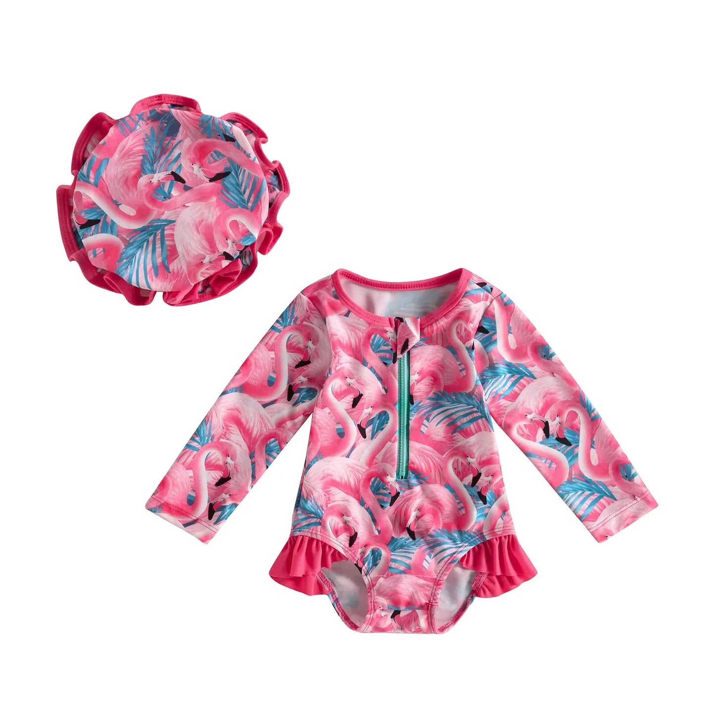 Baby Girl Summer Swimsuit – Floral Flamingo Zipper Jumpsuit 🌸🦩👶