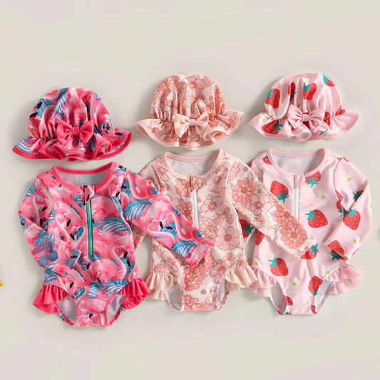 Baby Girl Summer Swimsuit – Floral Flamingo Zipper Jumpsuit 🌸🦩👶